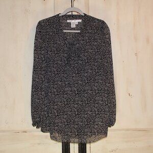 Max Studio black‎ and white long-sleeve tie-neck tunic style blouse L
